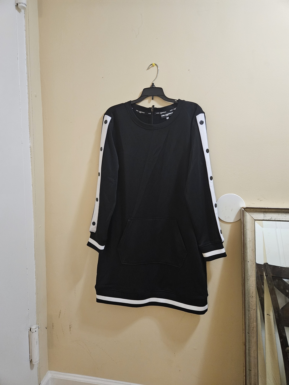 Karl Lagerfeld Black Sweatshirt Dress with White Stripe Sleeve Panels